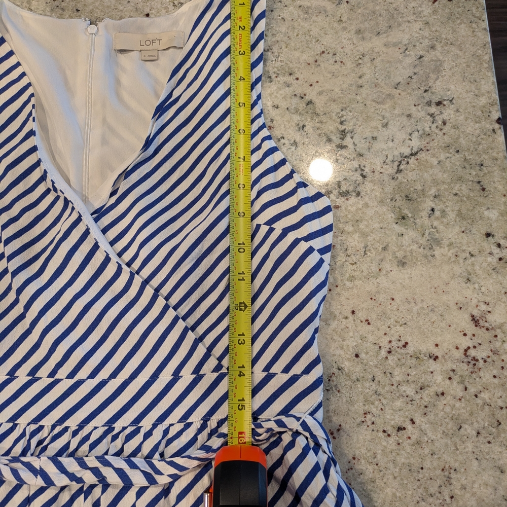 LOFT Nautical Blue White Stripe Faux Wrap Tie Waist Dress Size 6 Pockets - Picture 9 of 13
